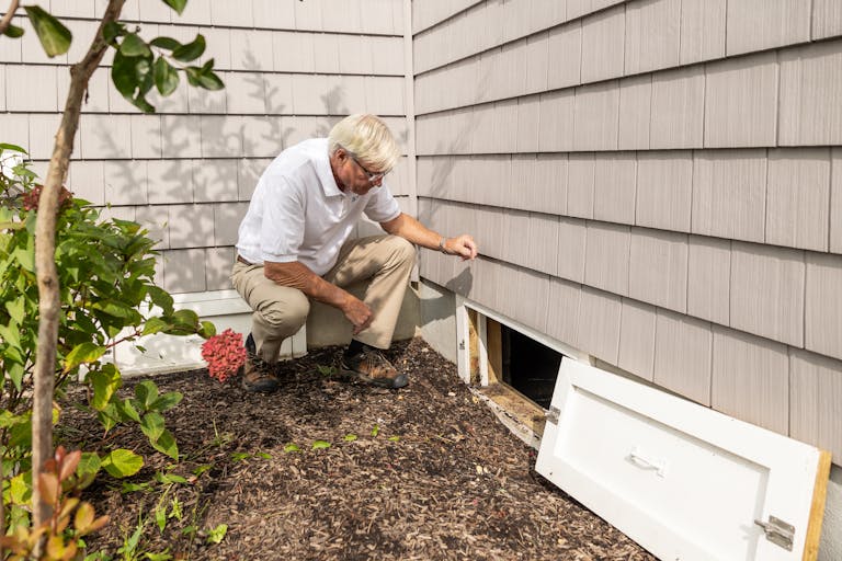 Senior adult inspecting a crawl space entrance during a home inspection on a sunny day.